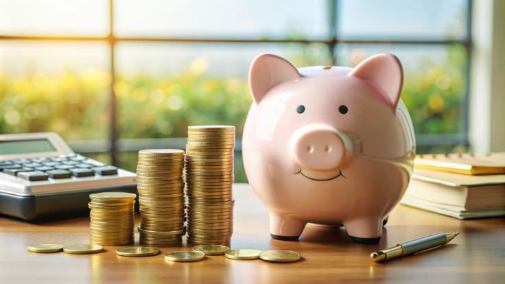 A neatly organized desk with a piggy bank, calculator, and coins, surrounded by stacks of bills and financial documents, representing effective savings and cost management.