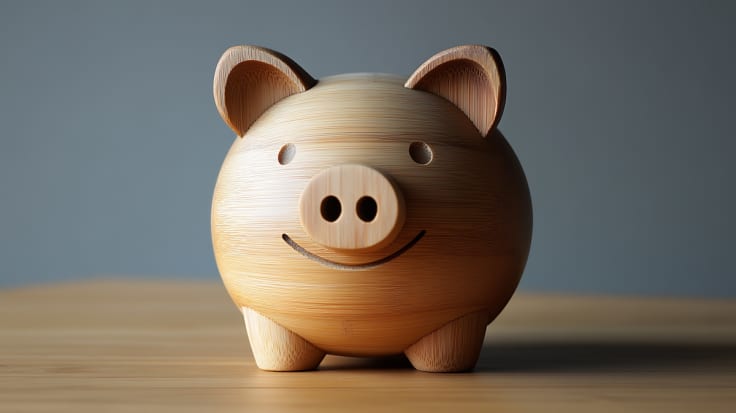 A close-up of a wooden piggy bank with a smiling face. The piggy bank is made of light wood with a natural grain.