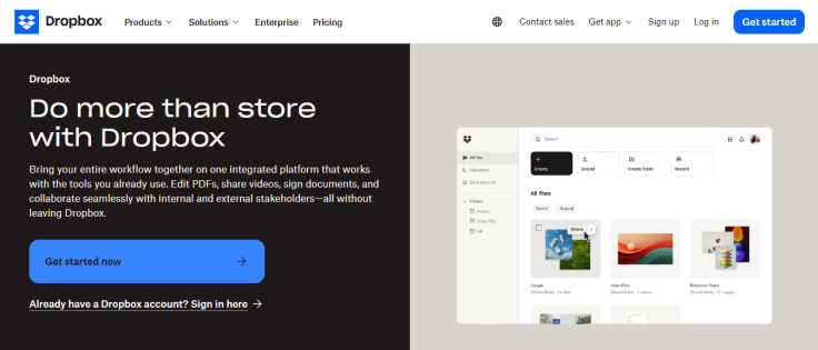 Dropbox website screen
