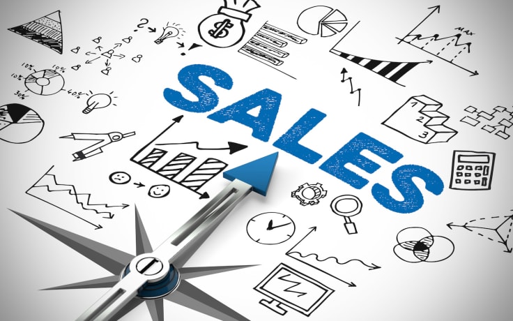 Arrow of a compass pointing to Business Sales concept (3D Rendering)
