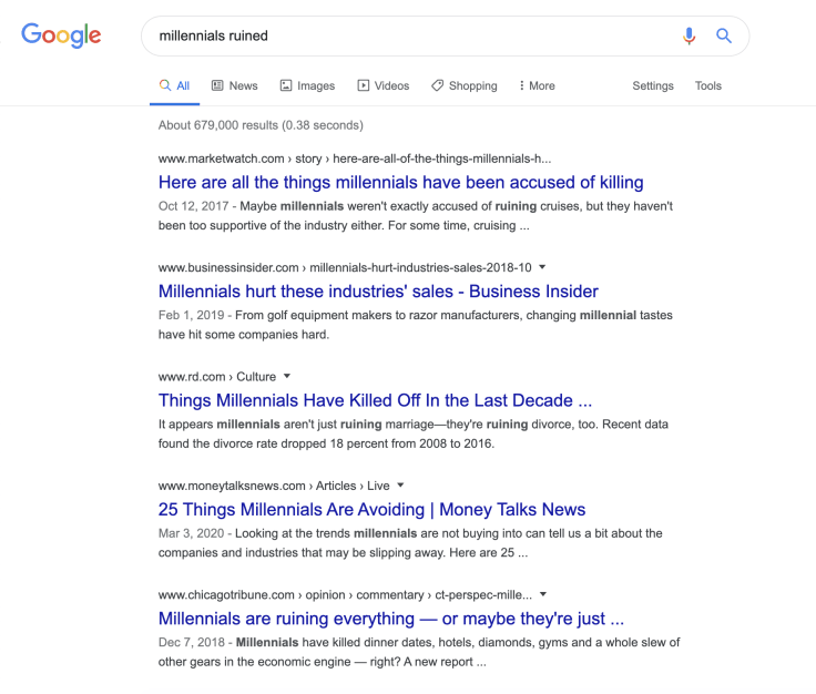 Google SERP for a "millennials ruined" keyword.