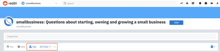 Nav bar on small business subreddit.