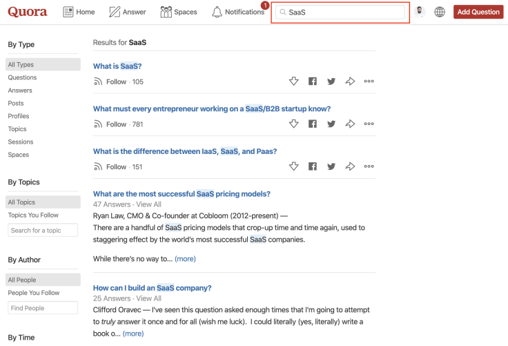 Generating content ideas from Quora search bar.