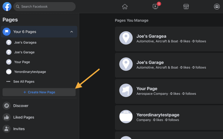 clicking on create new page facebook for business