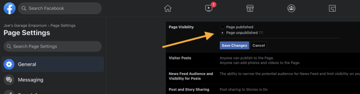 Unpublishing a Facebook page for business