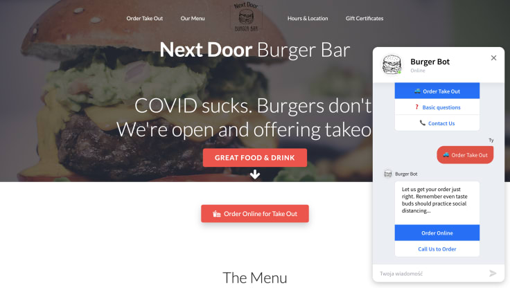 The chatbot on the next door burger bar website