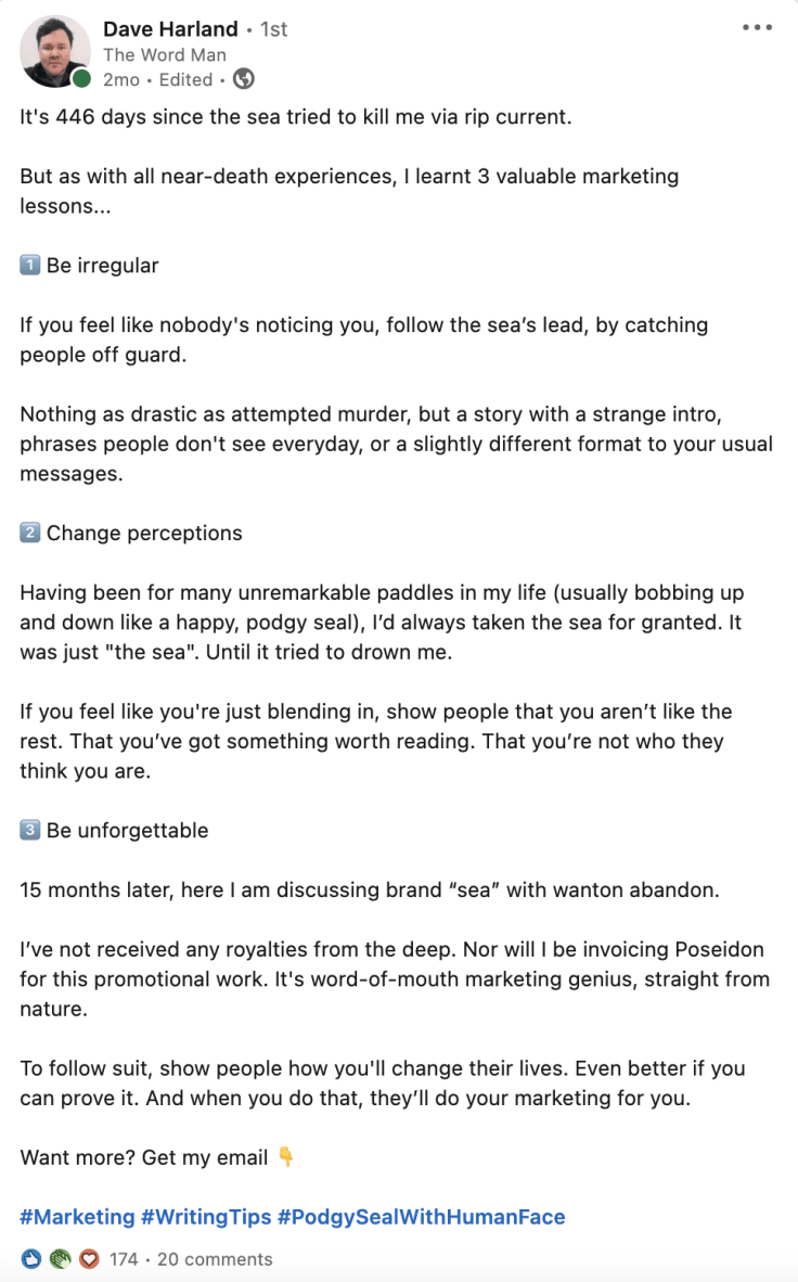 A LinkedIn post with writing advice from Dave Harland