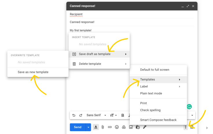 An image presenting how to load a pre-saved canned response template in Gmail