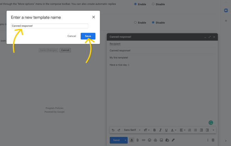 An image presenting how to save a canned response template in Gmail