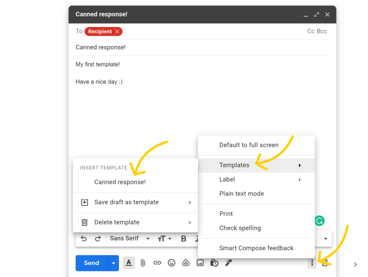 An image presenting how to load a pre-saved canned response template in Gmail