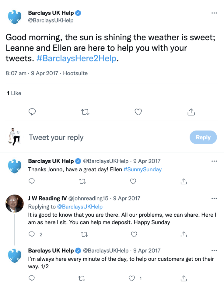 Barclays UK is customer service oriented and engages with their clients on social media