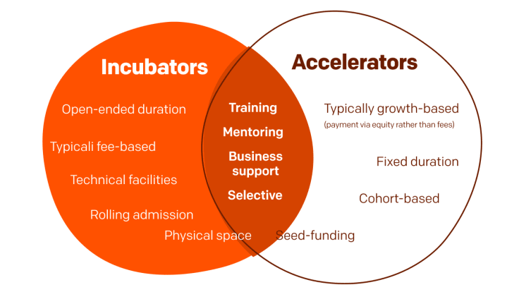 An image presenting the differences and similarities between incubators and accelerators.