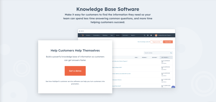 A screenshot of Hubspot Knowledge Base Software landing page.