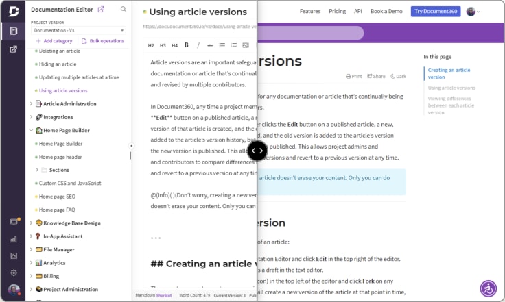 A partial screenshot of the Document360 editor and the help center website that is being edited.