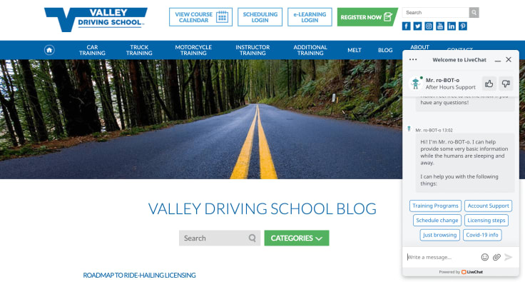 a picture of a chatbot on a valley driving school webiste