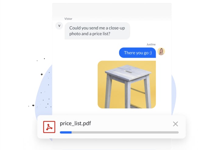 A pdf file is being sent as an attachment in the chat widget.