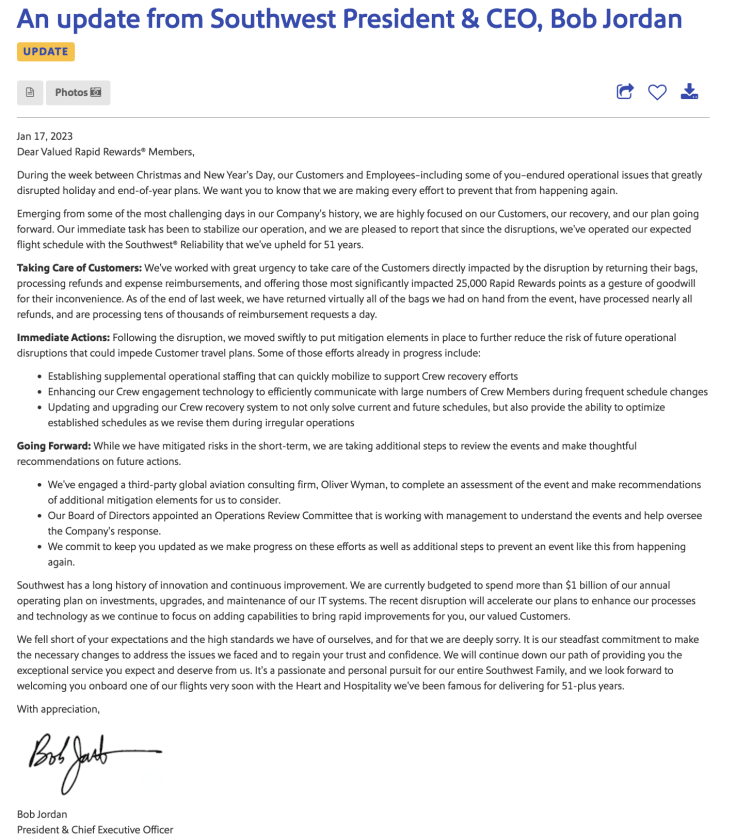 Southwest Airlines apology letter