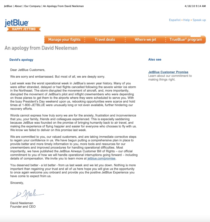 jetBlue apology letter David Neeleman