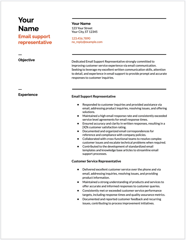 email support representative resume