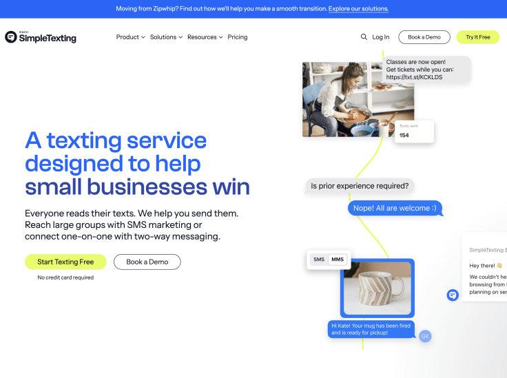 the homepage of simpletexting, a customer service software