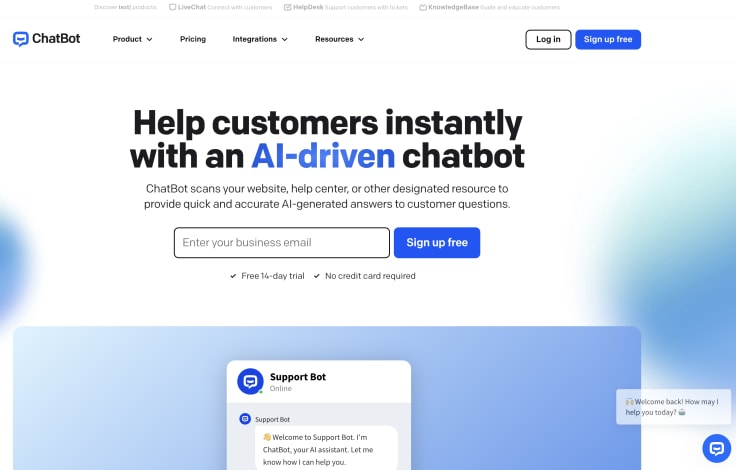 the homepage of chatbot, a customer service software