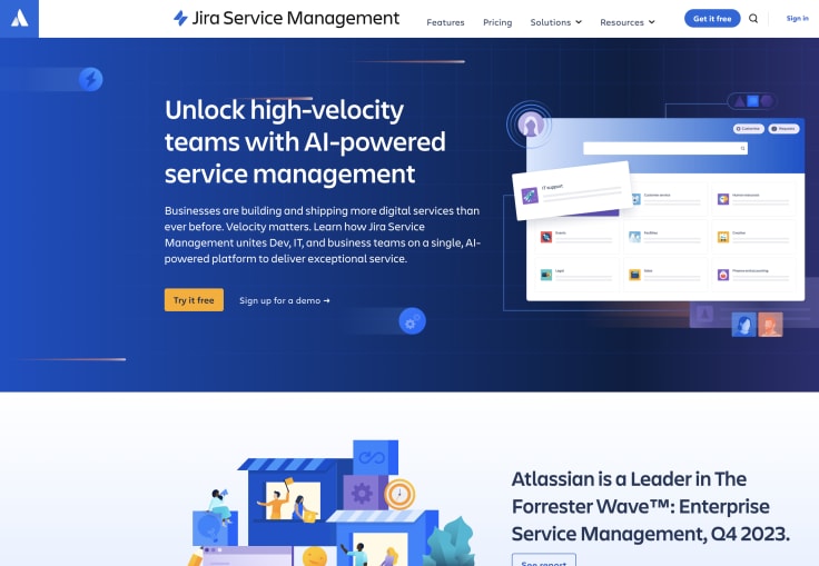 the homepage of jira service management