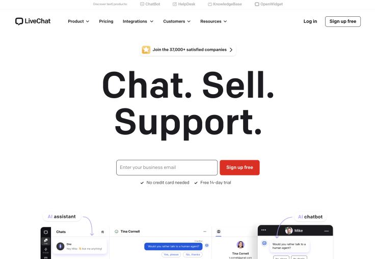 a homepage of livechat, a customer service software