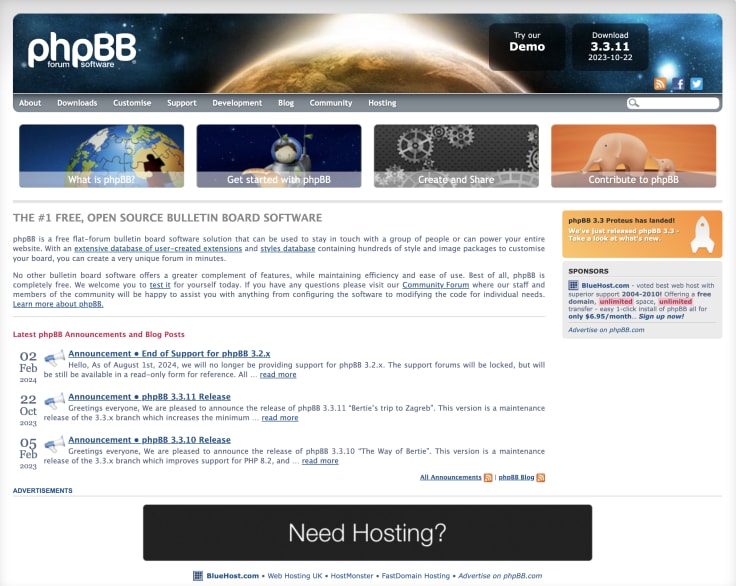 the homepage of phpbb, a customer service software