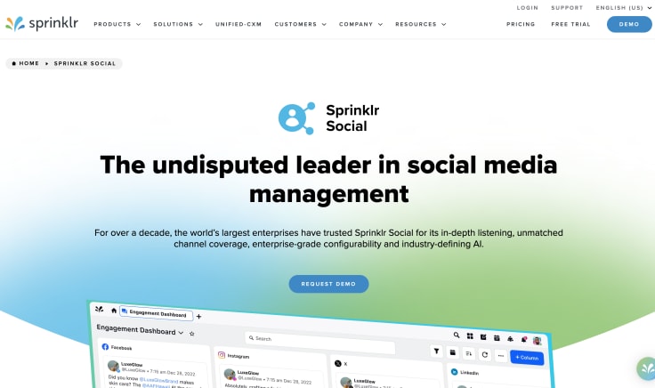 the homepage of sprinklr social, a customer service tool 