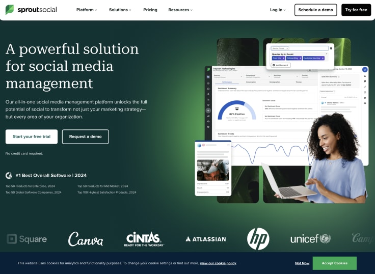 the homepage of sprout social, a customer service software