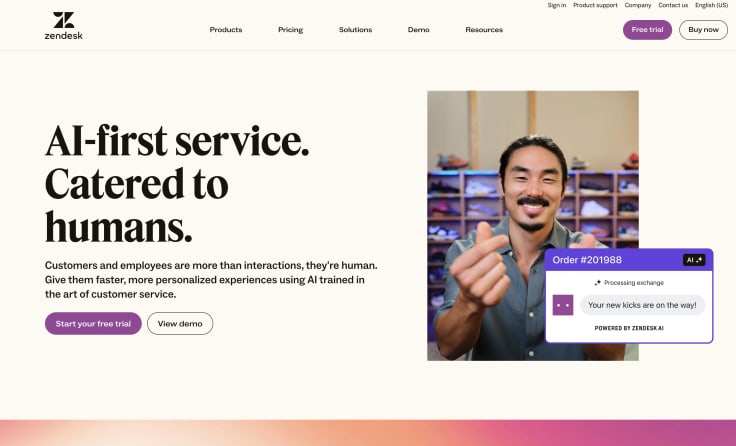 the homepage of zendesk, a customer service software