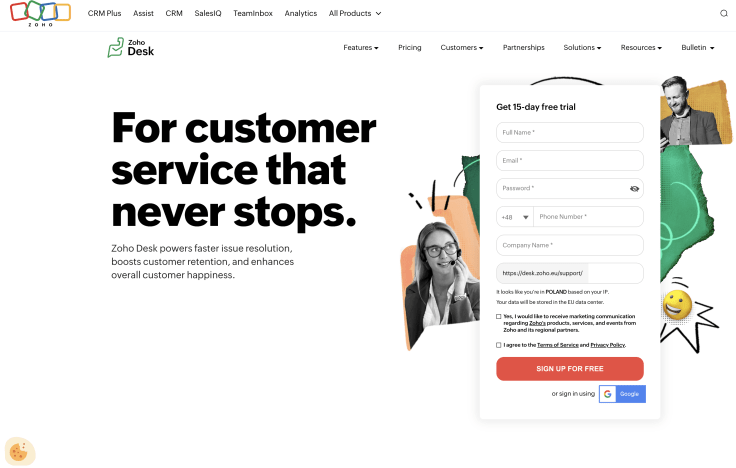 the homepage of zoho desk, a customer service software