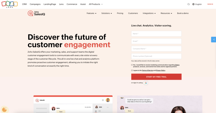 Screenshot of Zoho SalesIQ homepage
