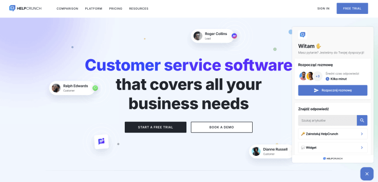 Screenshot of HelpCrunch website and their offer.