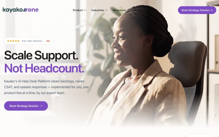 Kayako homepage hero section promoting its AI Help Desk platform with the headline Scale Support. Not Headcount., review badge, and Book Strategy Session buttons next to a professional portrait.