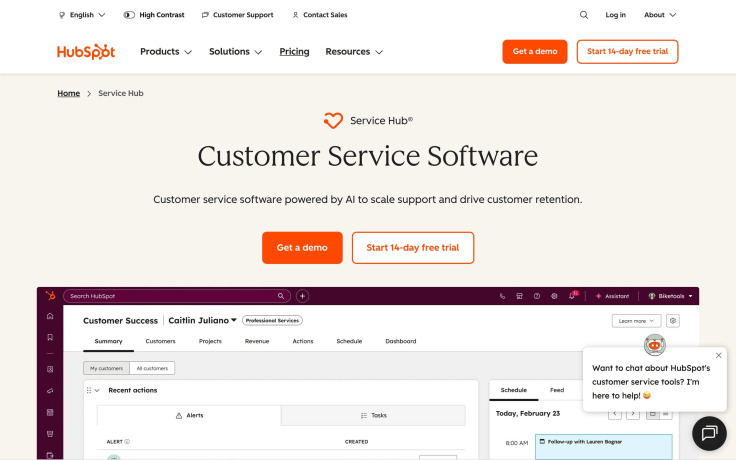 HubSpot Service Hub landing page promoting AI-powered customer service software with Get a demo and Start 14-day free trial buttons and a preview of the customer success dashboard interface.