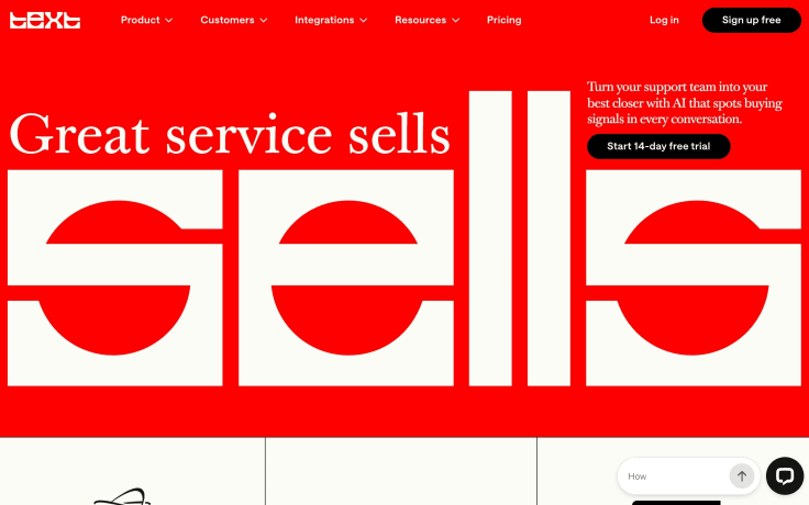 Text homepage with a red hero banner reading Great service sells, navigation links for Product, Customers, Integrations, Resources and Pricing, and a call to start a 14-day free trial for its AI customer service engine that drives revenue