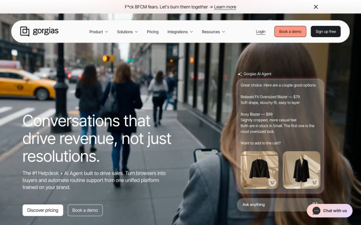 Gorgias homepage showing a hero banner for its conversational AI platform for ecommerce with the headline Conversations that drive revenue, not just resolutions, navigation links, and call-to-action buttons like Book a demo and Sign up free.