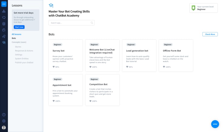 ChatBot Academy Lesson in dashboard