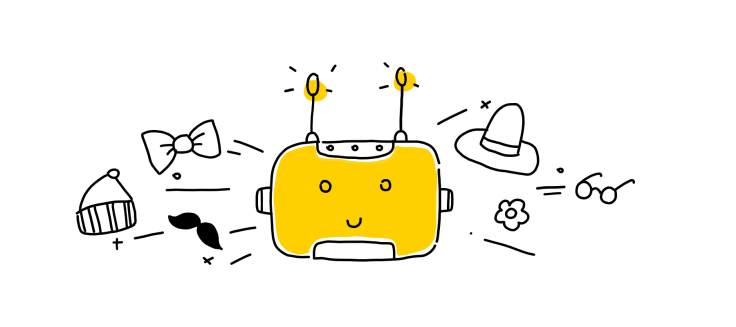 chatbot avatar with surrounded by a cap, a hat, a bow tie, a moustache and glasses