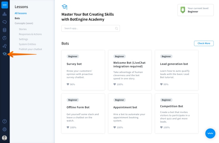 chatbot academy lessons section