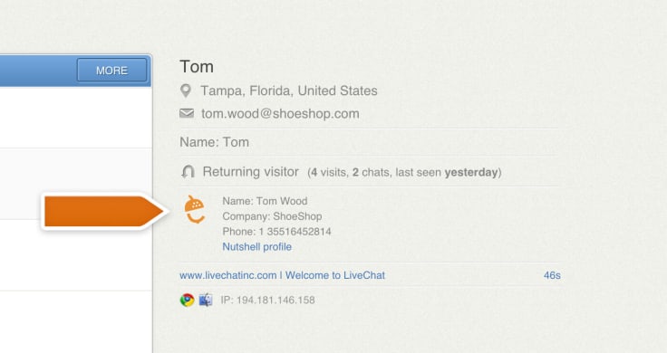 Customer data displayed in LiveChat using an integration with Nutshell