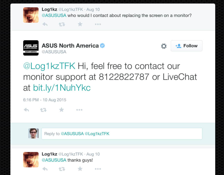 ASUS using direct chat links from LiveChat on Twitter