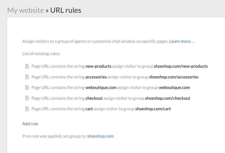 Setting up URL rules for websites in LiveChat