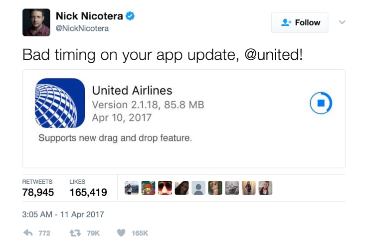 Tweet United Airlines app update