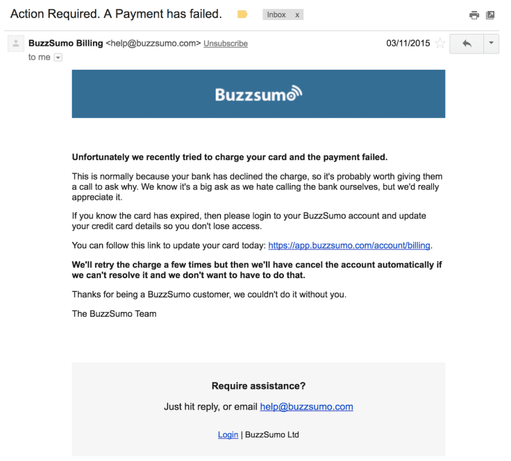 Buzzsumo dunning process email