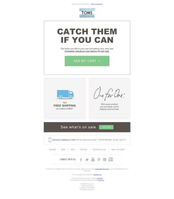 Toms cart abandonment email example