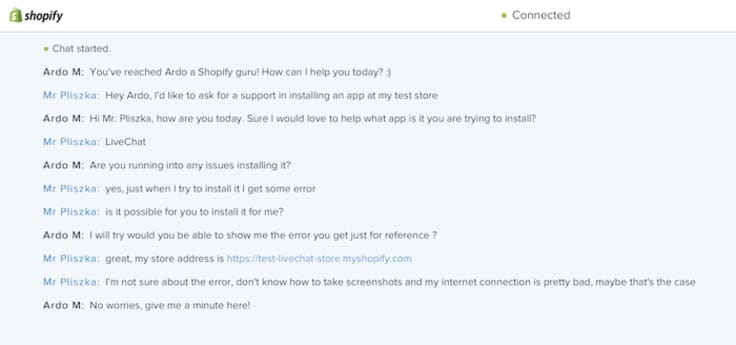 Shopify live chat conversation