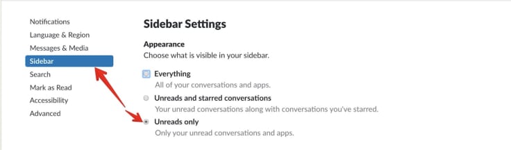 Slack sidebar settings
