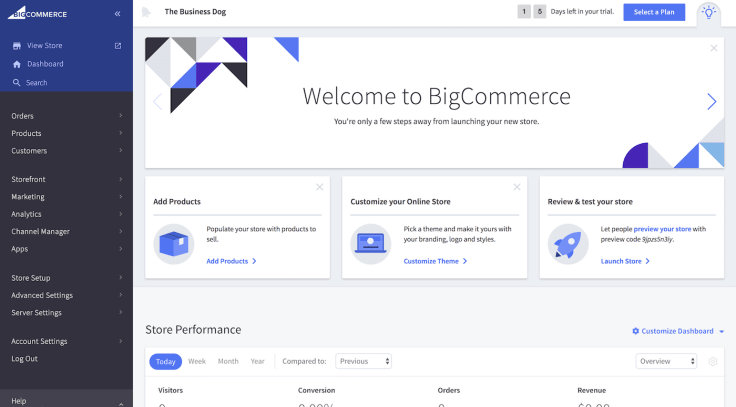 Bigcommerce dashboard view adding products